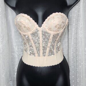 Vintage 50's 60's Cream Baroque Lace Padded Bustier Strapless Bra Corset Sz32A
